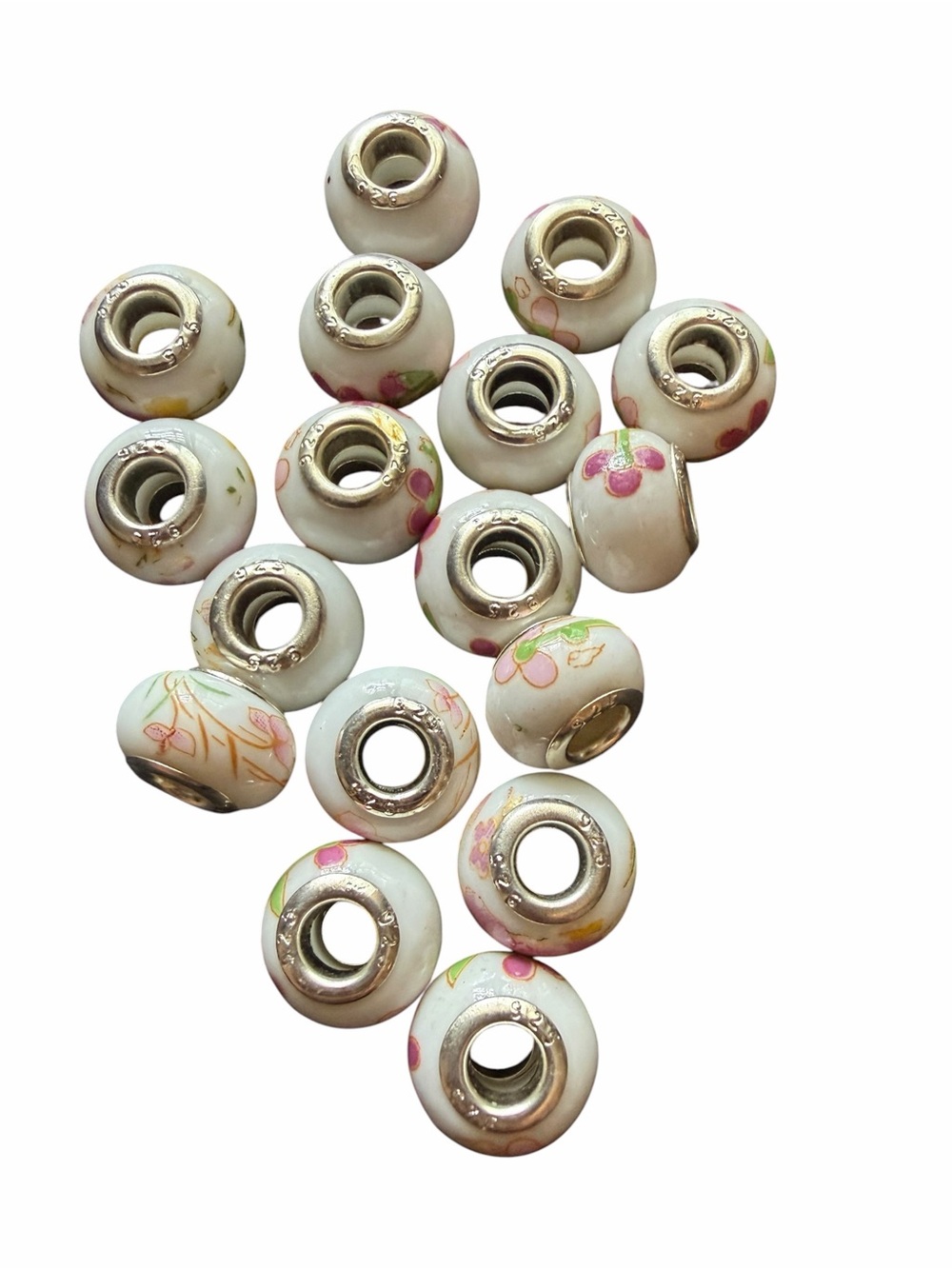 White Floral Murano-Style Charm Beads (Set of 17)